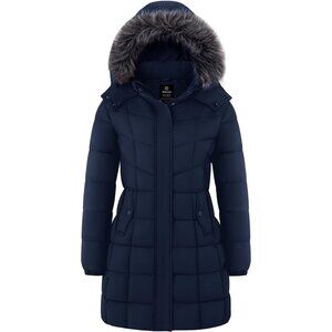 Women's Puffer Jacket Coat Navy Lightweight Windproof Winter Faux Fur Design